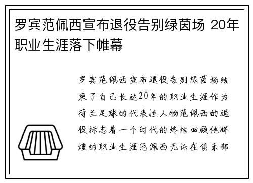 罗宾范佩西宣布退役告别绿茵场 20年职业生涯落下帷幕 罗宾范佩西宣布退役告别绿茵场 20年职业生涯落下帷幕
