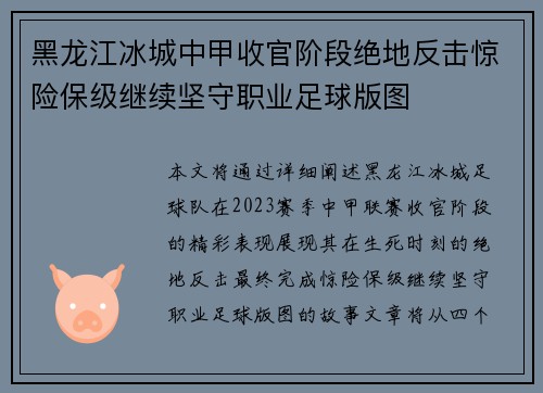 黑龙江冰城中甲收官阶段绝地反击惊险保级继续坚守职业足球版图