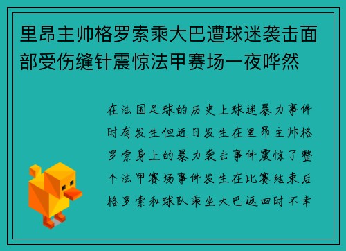 里昂主帅格罗索乘大巴遭球迷袭击面部受伤缝针震惊法甲赛场一夜哗然 里昂主帅格罗索乘大巴遭球迷袭击面部受伤缝针震惊法甲赛场一夜哗然