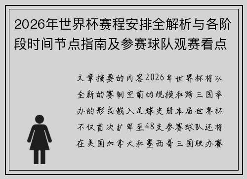 2026年世界杯赛程安排全解析与各阶段时间节点指南及参赛球队观赛看点