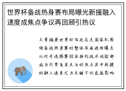 世界杯备战热身赛布局曝光新援融入速度成焦点争议再回顾引热议